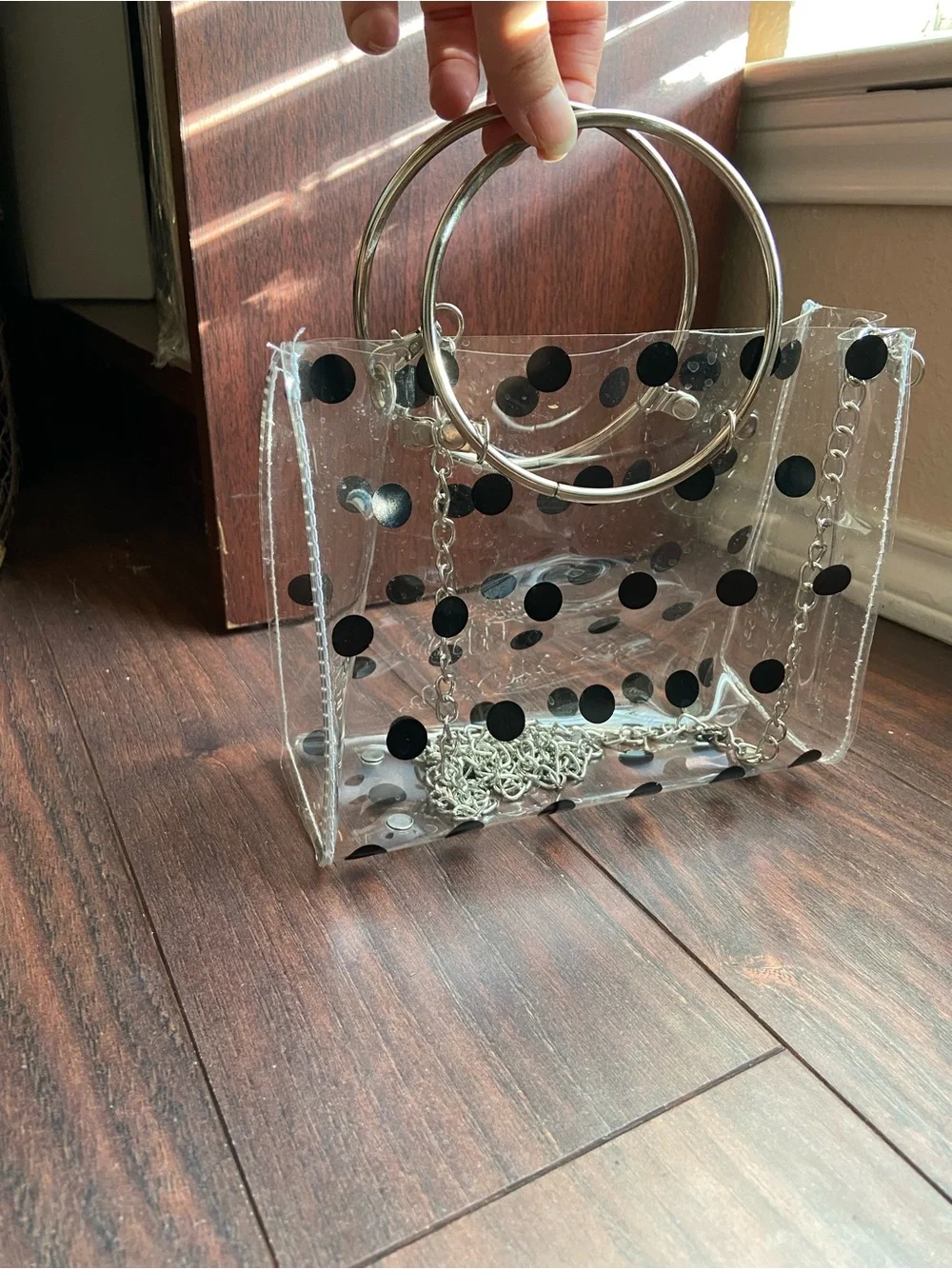 CLEAR SEE THROUGH HAND BAG BLACK POLKA DOTS ROCKABILLY
